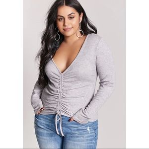 Grey Cinched Front Crop V Neck Soft Sweater